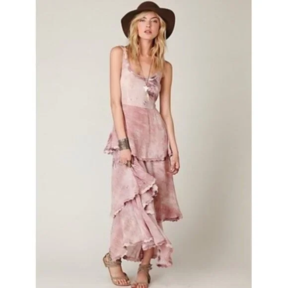 RARE Free People X New Romantics Blush Tie Dye Tiered Ruffle Hem Boho Maxi Dress - Picture 2 of 16